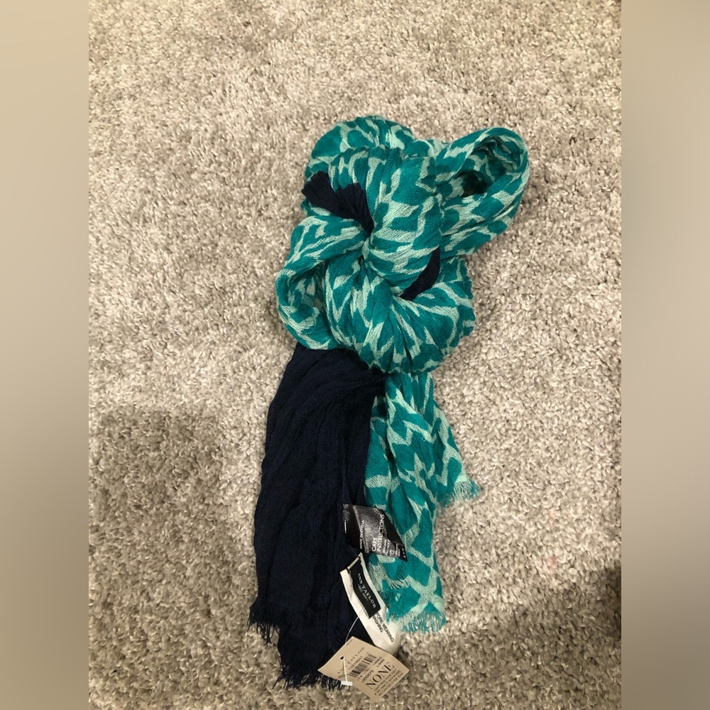 Ann Taylor Navy Green Blue Fringe Tie Wrap Scarf Sarong
